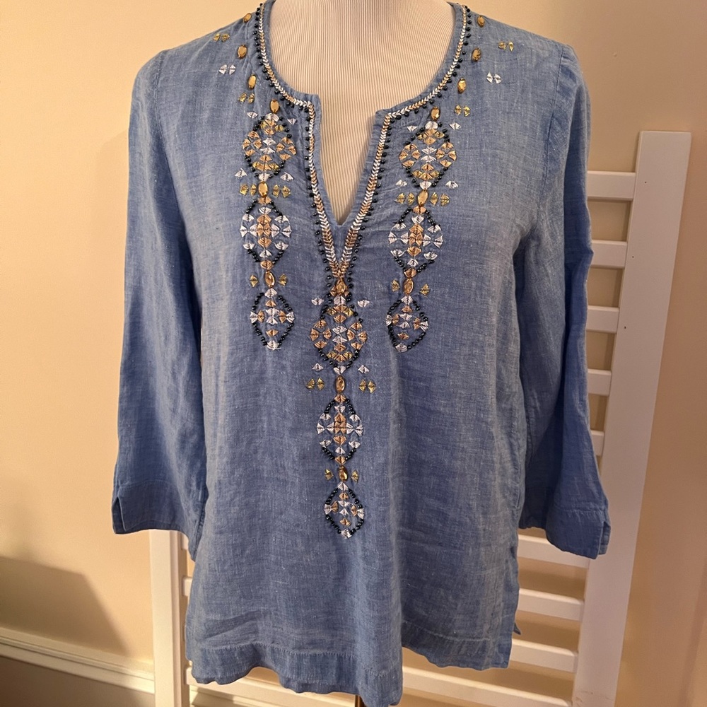 LILLY PULITZER AMELIA ISLAND Tunic - Chambray Bennet Blue with Beaded Detail